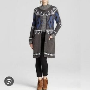 Free People Frosted Fair Isle Gray and Blue Long Line Cardigan Duster Sweater S
